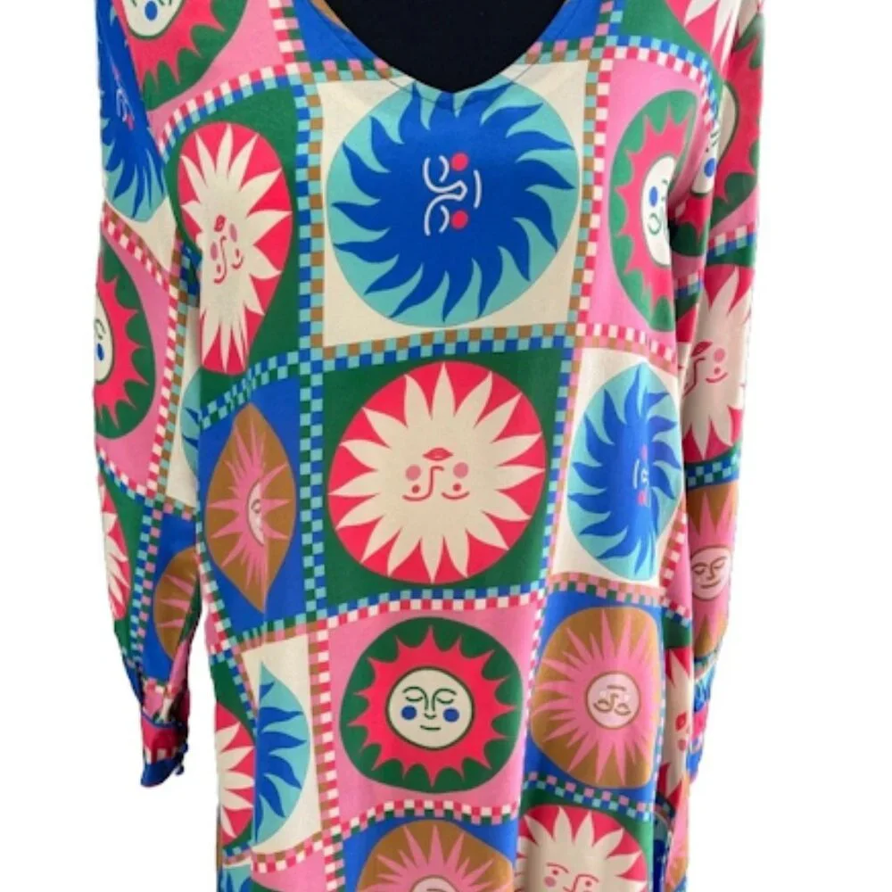 Johnny Was Workshop Silk V-Neck Swing Dress Sun Pattern Colorful Lionora Size S - Picture 7 of 9